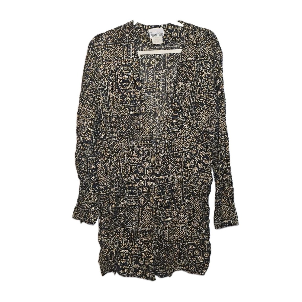 Vintage Nina Piccalino Cardigan Women's 10 Black Geometric Boho 100% Rayon